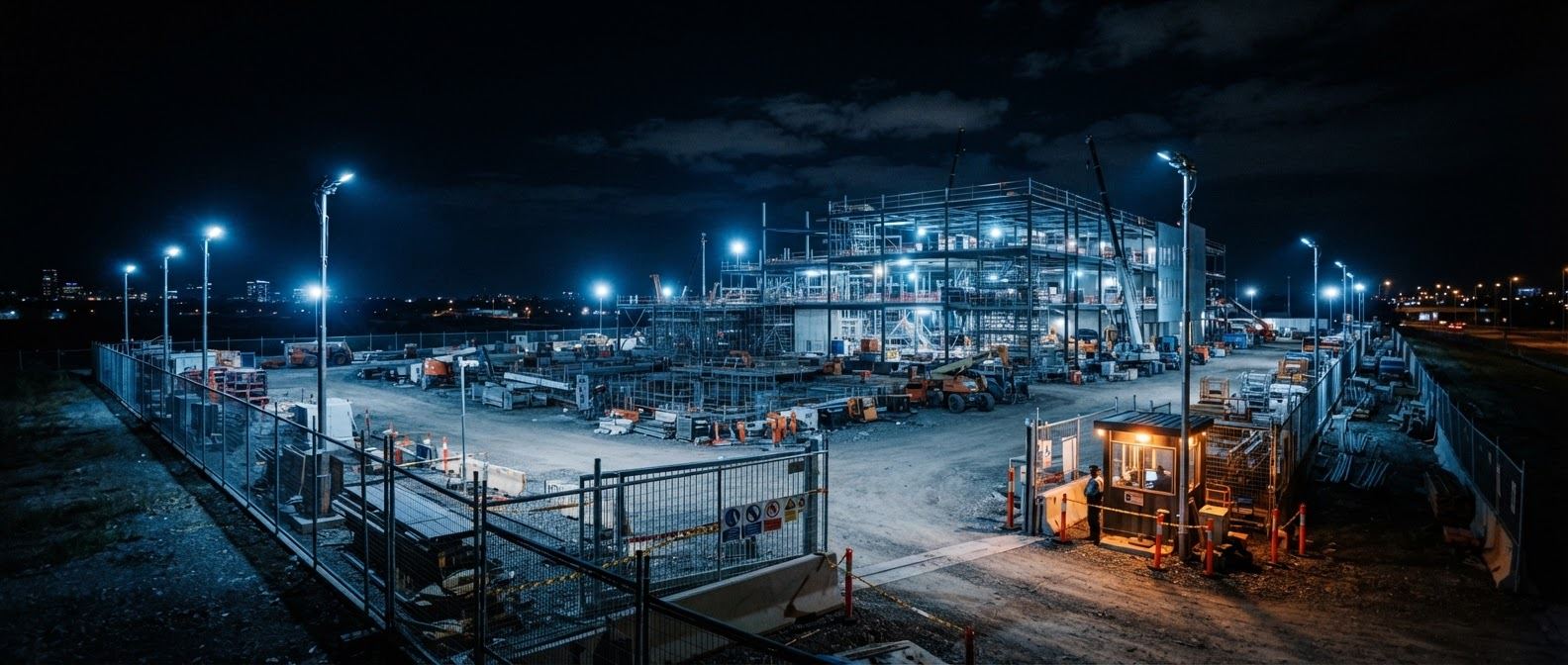 Construction site in Toronto at night, a common target for equipment theft